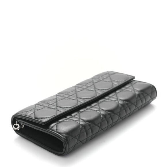 CHRISTIAN DIOR BLACK LAMBSKIN CANNAGE LADY DIOR RENDEZOUS WALLET ON CHAIN - Picture 1 of 17